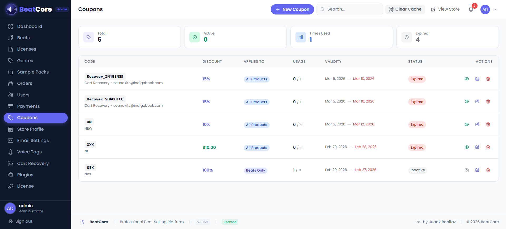 BeatCore Coupon Management