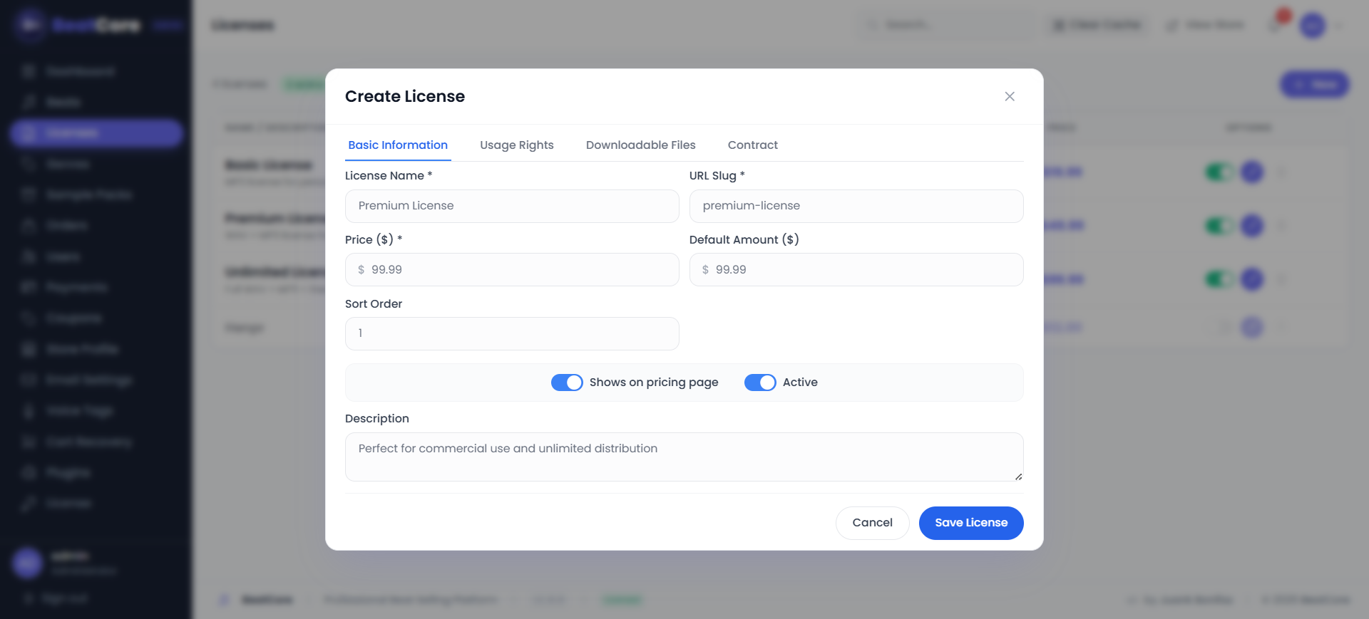 BeatCore Create License Type