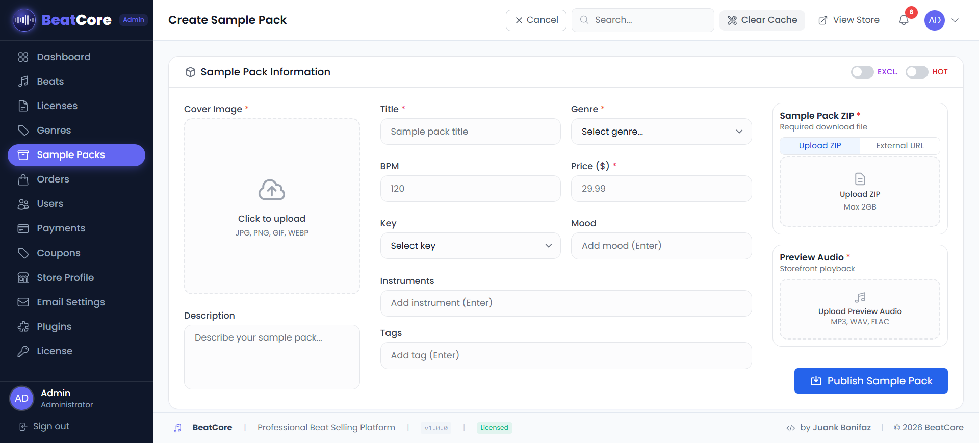 Admin Panel — Sample Packs