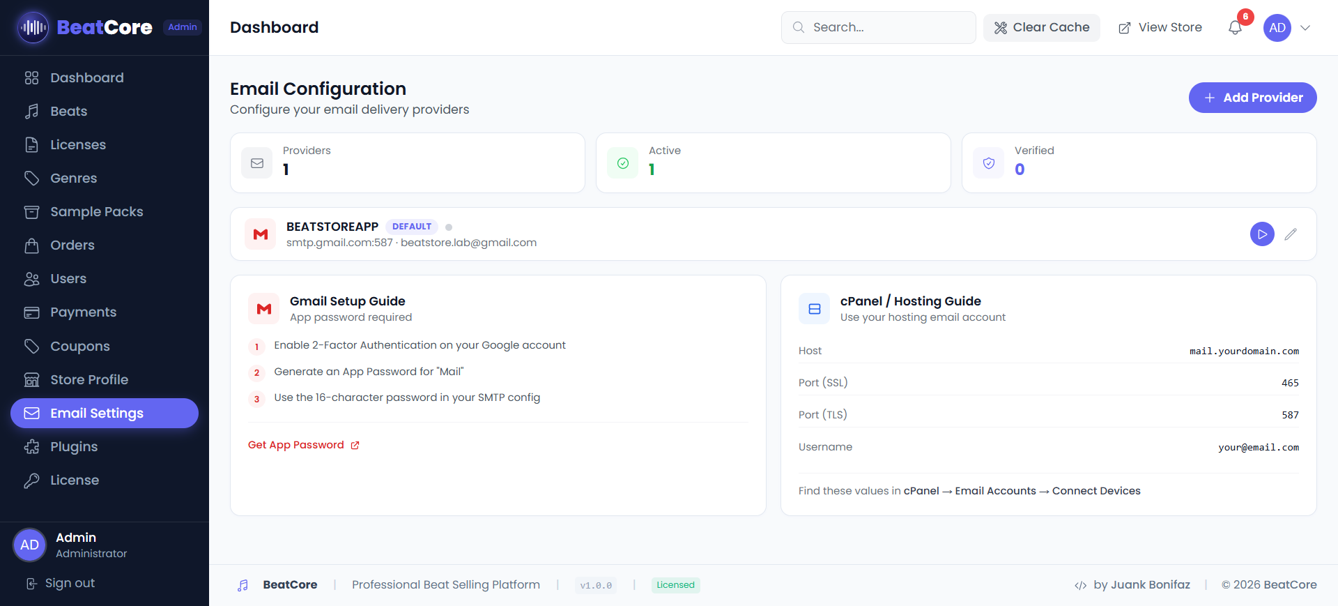 Admin Panel — Email / SMTP configuration