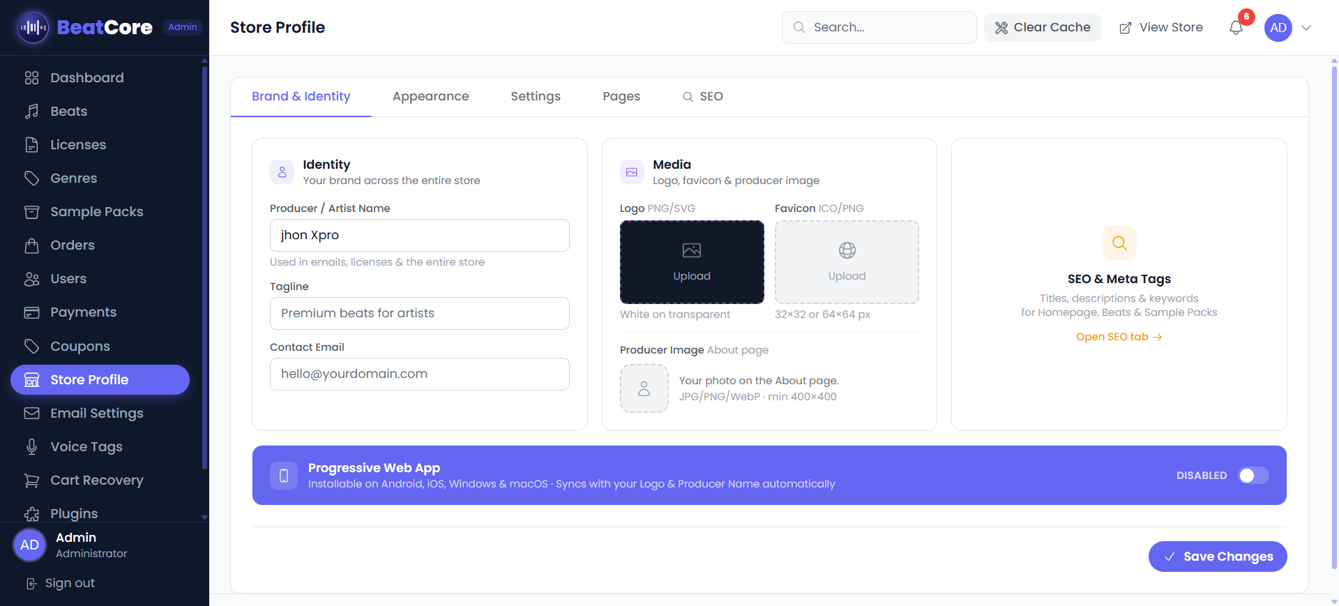 Admin Panel — Store Profile